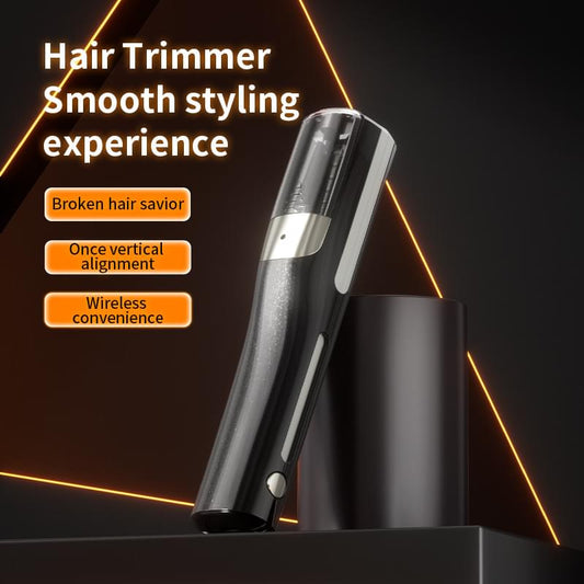Black cordless automatic hair trimmer standing in charging base with visible trimming window