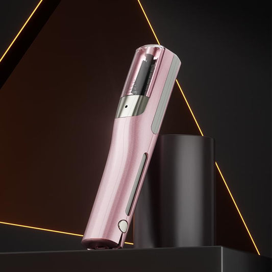 Pink cordless hair split-end trimmer with trimming window and blade opening