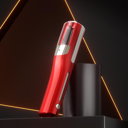 Red cordless hair trimmer with silver blade window and black charging base stand