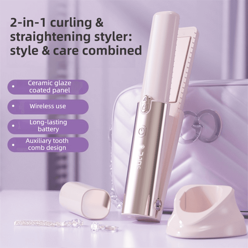 White cordless 2-in-1 curling and straightening styler with brush comb teeth