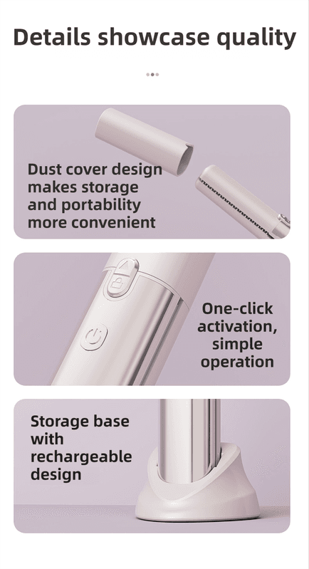 White hair styler with dust cover, one-click button, and storage base stand