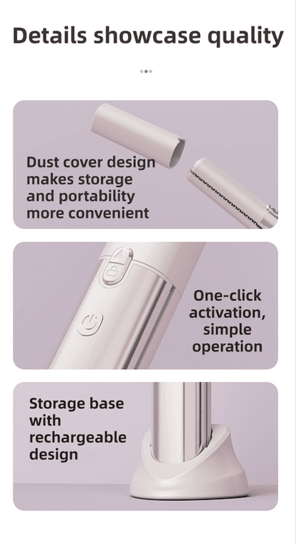 White hair styler with dust cover, one-click button, and storage base stand