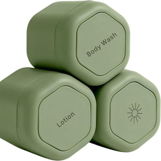 Green octagonal cosmetic travel containers with Body Wash and Lotion labels, magnetic lids