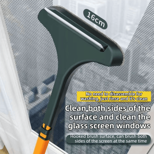 Window screen brush, dark head with scrub surface attachment
