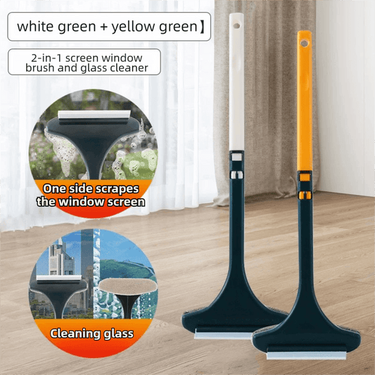2-in-1 screen brush and glass cleaner with dark head and long handle, white/green/yellow