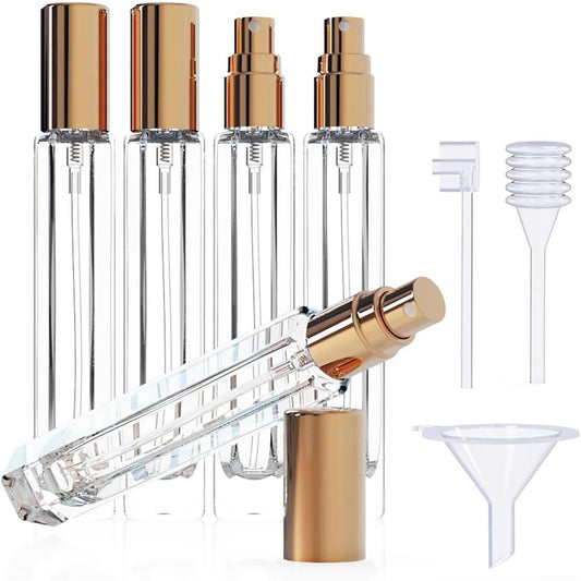 Gold-capped glass perfume atomizers set with transfer tubes and funnels