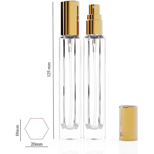 Four-pack clear glass travel perfume atomizers with gold tops and sizing