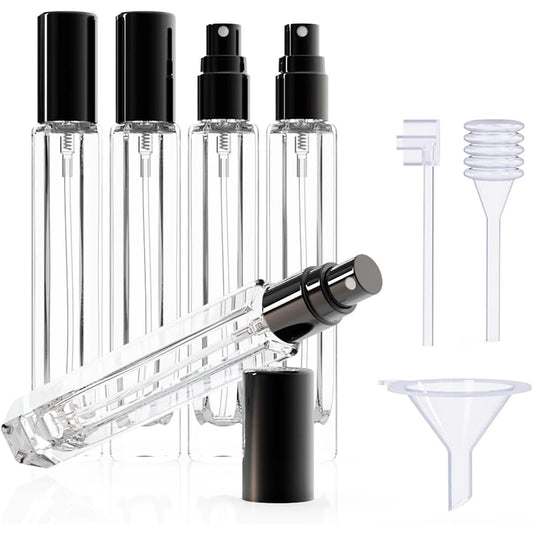 Clear glass perfume atomizer set with black caps, spray nozzles, and transfer tools