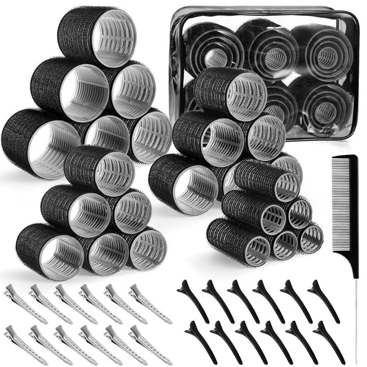 Black hair roller set with self-grip rollers, clips, and tail comb