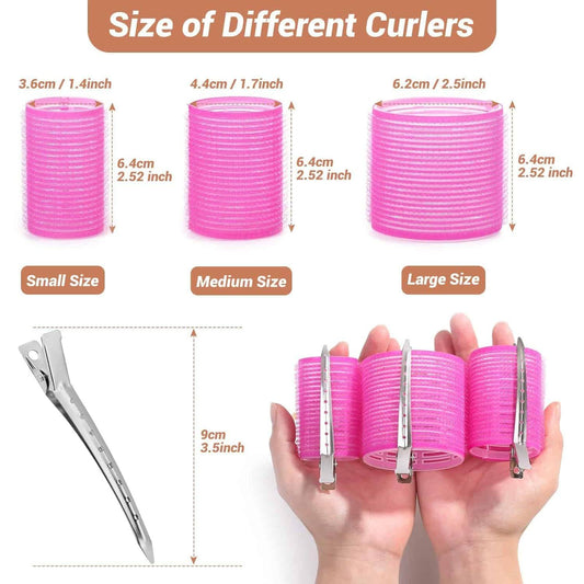 Pink hair roller set, shown with clips and tail comb, size guide