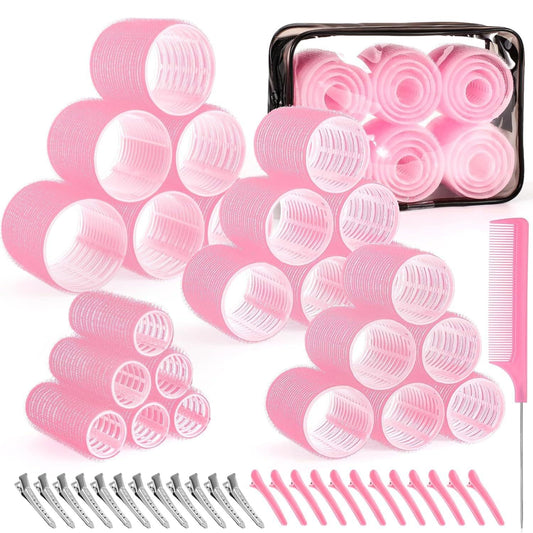 Pink hair roller set with self-grip rollers, metal clips, and tail comb