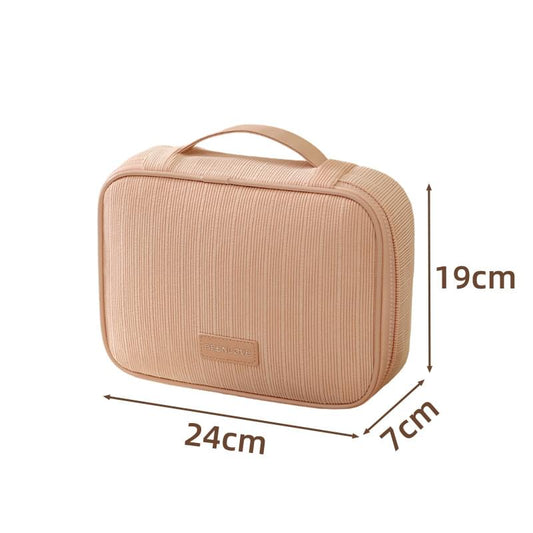 Peach striped travel makeup bag with top handle and front zipper, rectangular case