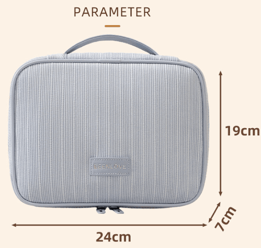 Blue striped travel makeup bag with top handle and front zipper, rectangular case