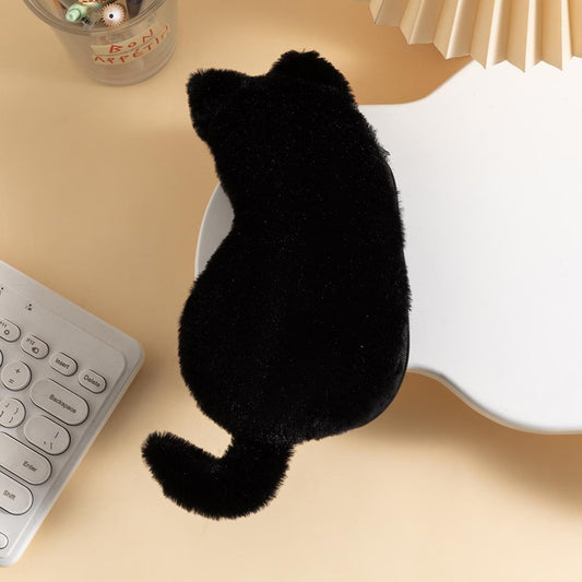 Black plush cat-shaped pencil case pouch, fuzzy fabric with tail detail