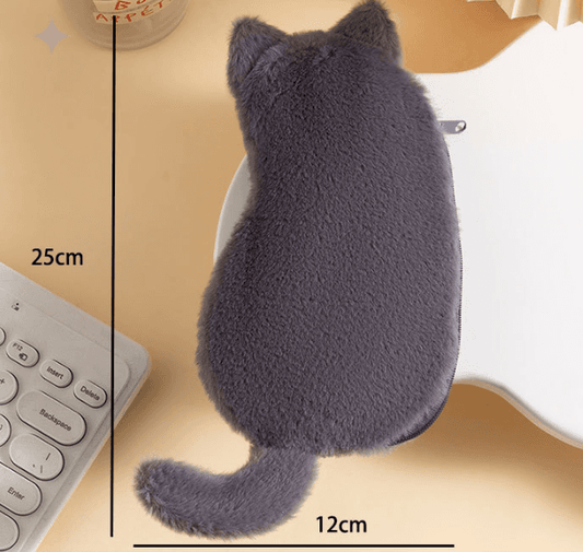 Gray plush cat-shaped pencil case pouch, fuzzy fabric with upright ears and tail