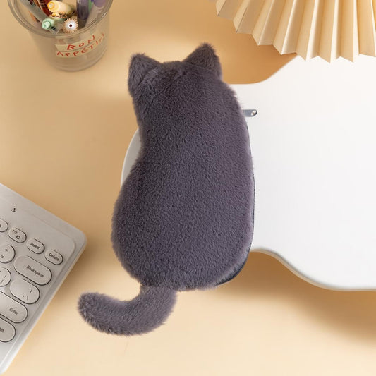 Dark gray plush cat pencil case pouch, plush fabric with pointed ears and tail