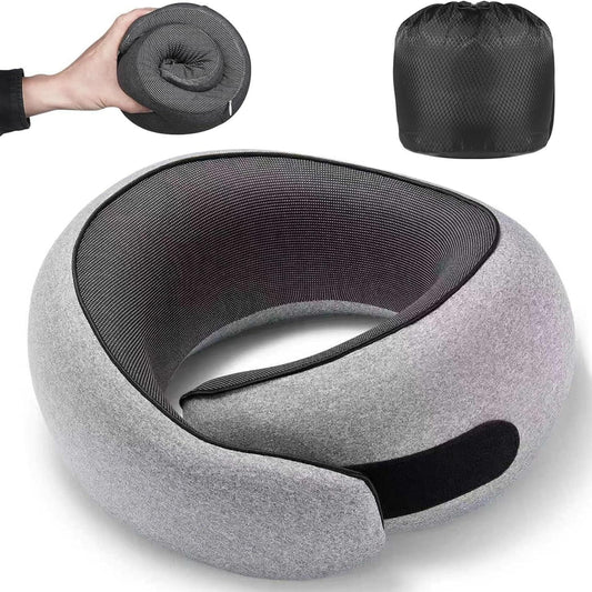 Light grey U-shaped travel neck pillow with black fabric trim and curved support