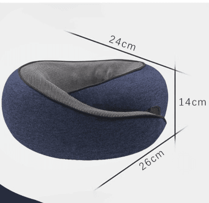Navy U-shaped memory foam travel neck pillow with gray-striped rim