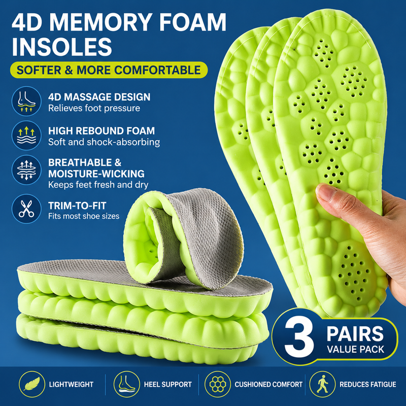 3 Pairs Green and Grey 4D Cloud Insoles for Men and Women Insoles Super Soft Anti-Fatigue, Shock Absorption, Relieve Foot Pain  (AU 8–9 )