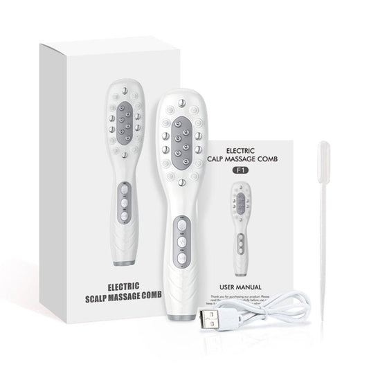 White electric scalp massage comb kit with manual and charging cable