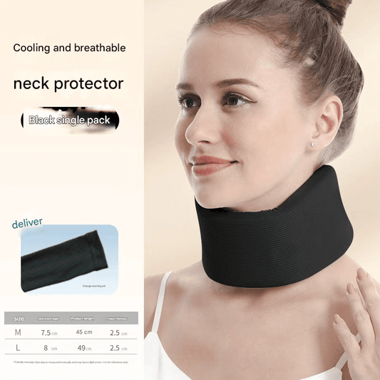 Black neck support brace with cervical collar, snug ribbed fabric