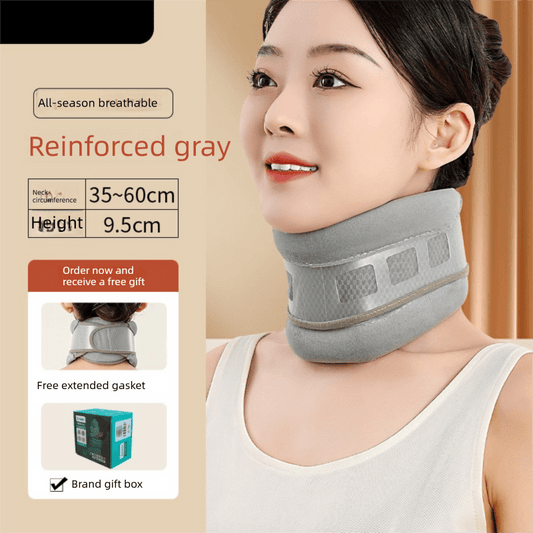 Grey adjustable neck brace with cushioned collar and reinforced support panels