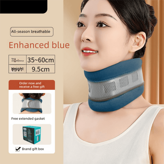 Blue cervical collar neck support brace with adjustable straps on model