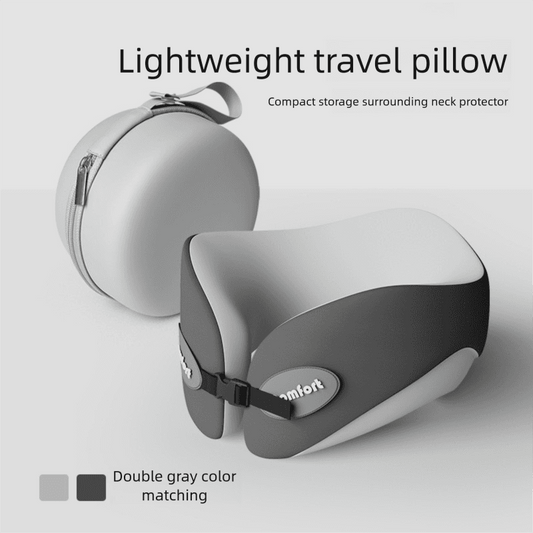 Gray U-shaped memory foam travel neck pillow with adjustable strap