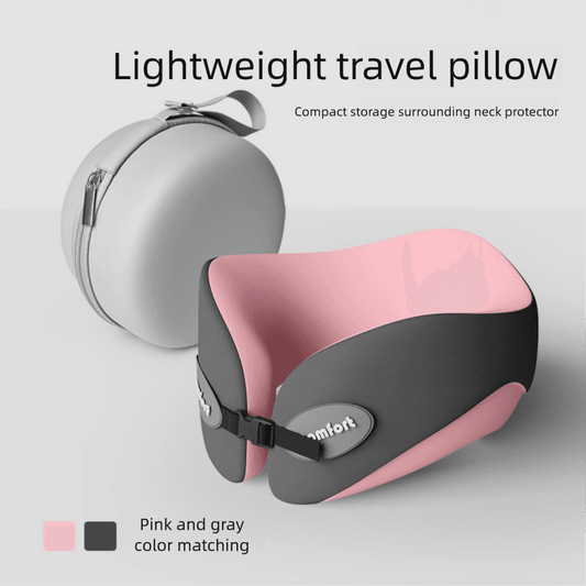 Pink and gray U-shaped travel neck pillow with adjustable chin strap
