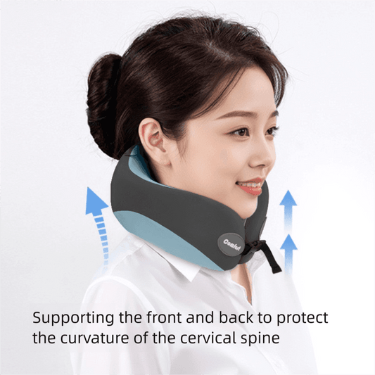 Dark gray and light blue U-shaped travel neck pillow with adjustable strap
