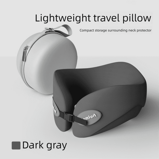 Dark gray U-shaped memory foam travel neck pillow with comfort clasp and strap