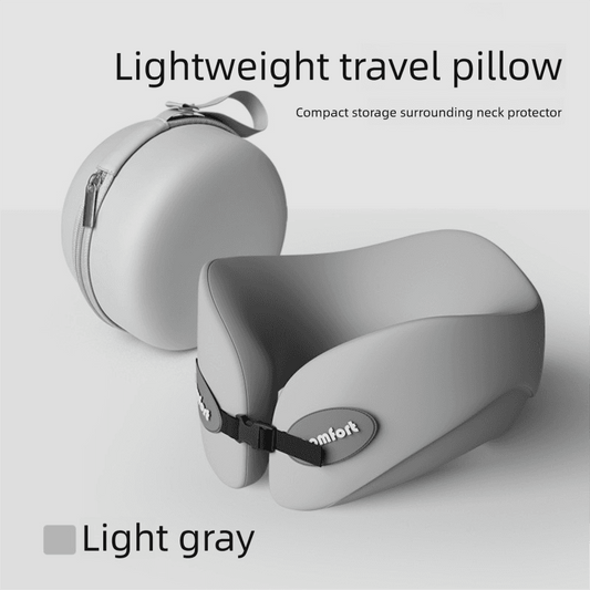 Light gray U-shaped travel neck pillow with adjustable strap and zippered storage case