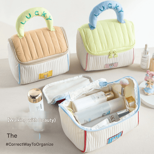 Quilted cosmetic bags in beige and light green, with arched handles and zippers
