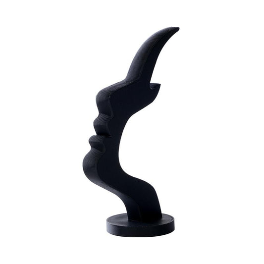 Black eyeglass holder stand with curved, wavy face shape and round base