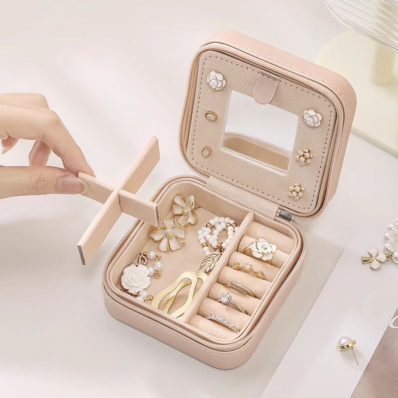 Pink Mini Travel Jewelry Box with Mirror - 10x10x5cm Portable PU Leather Organizer for Rings, Earrings, Necklaces, Anti-Tarnish Velvet Interior, Compact Design for On-the-Go Storage
