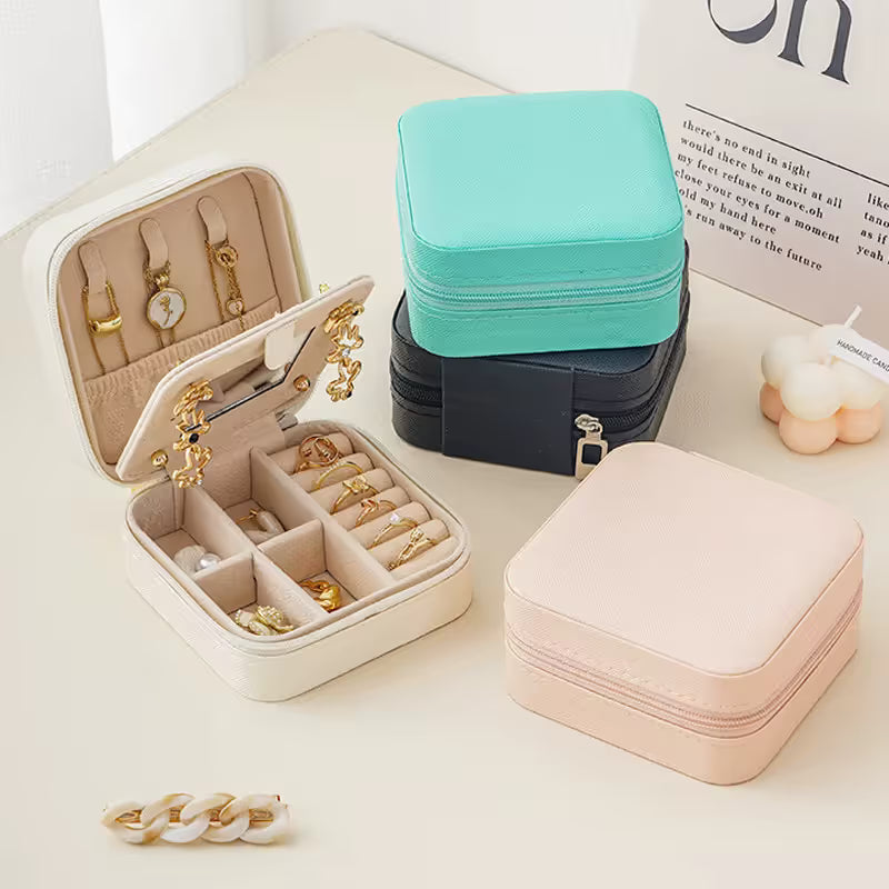 Grey Mini Travel Jewelry Box with Mirror - 10x10x5cm Portable PU Leather Organizer for Rings, Earrings, Necklaces, Anti-Tarnish Velvet Interior, Compact Design for On-the-Go Storage