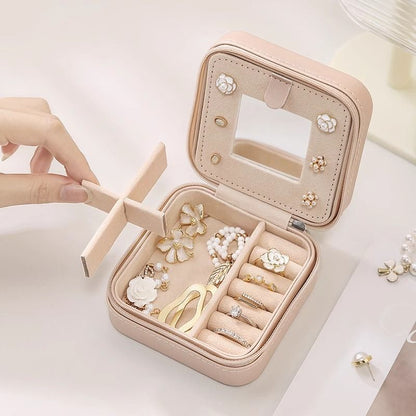 White Mini Travel Jewelry Box with Mirror - 10x10x5cm Portable PU Leather Organizer for Rings, Earrings, Necklaces, Anti-Tarnish Velvet Interior, Compact Design for On-the-Go Storage