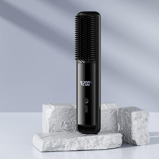 Black hair straightener brush with LCD display and heated ceramic comb teeth