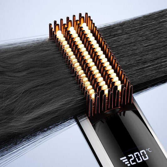 Hair straightener brush with heated comb pins straightening hair; LCD shows 200°C