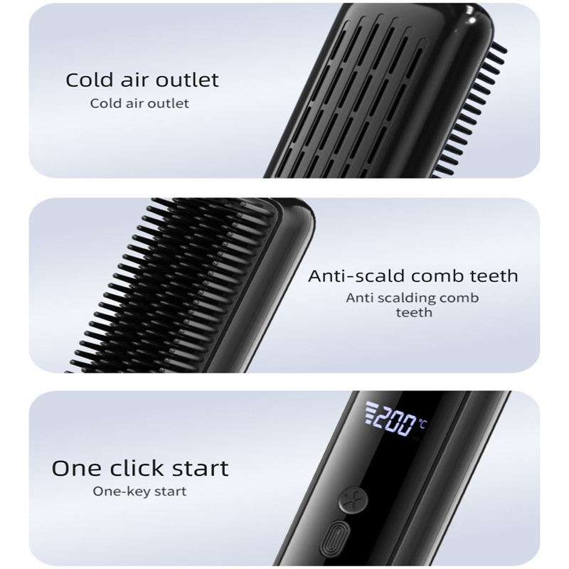 Pink Wireless Rechargeable Hair Straightener Brush with LCD Display - USB-C Fast Charging, 3 Heat Settings, Cool Air Function - Portable Ceramic Heating Comb for Travel and Home Use