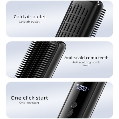 Pink Wireless Rechargeable Hair Straightener Brush with LCD Display - USB-C Fast Charging, 3 Heat Settings, Cool Air Function - Portable Ceramic Heating Comb for Travel and Home Use