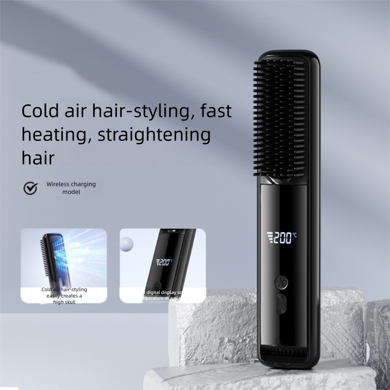 Pink Wireless Rechargeable Hair Straightener Brush with LCD Display - USB-C Fast Charging, 3 Heat Settings, Cool Air Function - Portable Ceramic Heating Comb for Travel and Home Use