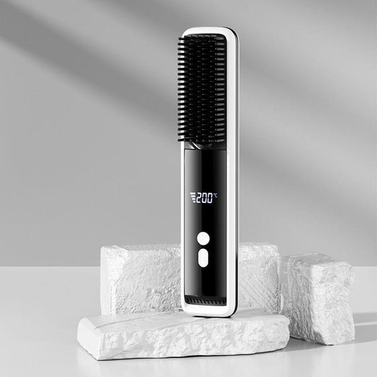 Hair straightener brush with LCD display and comb bristles, black handheld