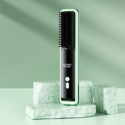 Green and black hair straightener brush with LCD temperature display and heated comb teeth