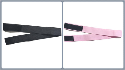 Black and pink adjustable elastic headband with flat straps and central grip patch