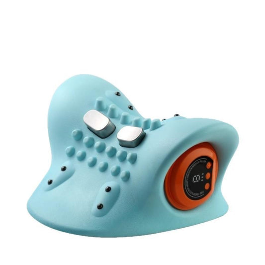 Blue cervical traction neck massager pillow with white massage nodes and orange control panel