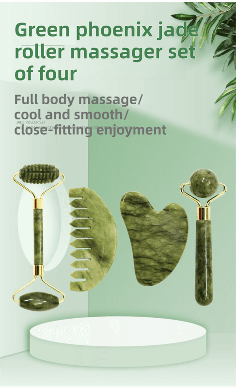 Green jade massage tool set of four: roller, comb, and two gua sha pieces.