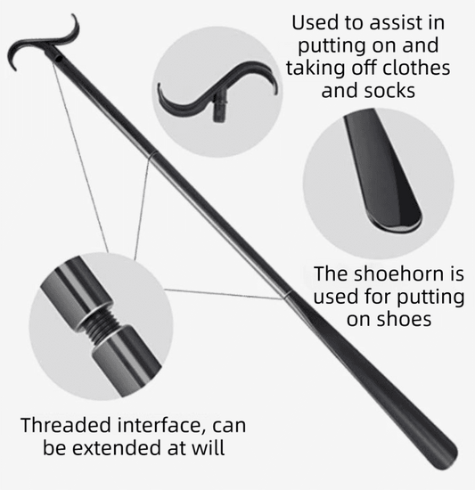 Black long-handled shoehorn with curved hook and visible threaded extension