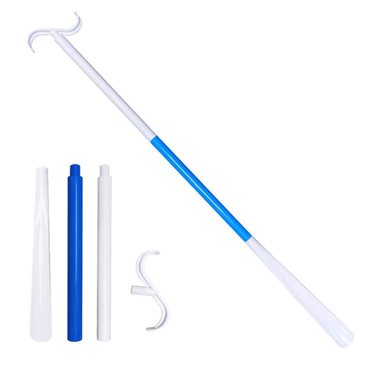 Portable shoehorn set with blue-and-white handle and detachable metal hook