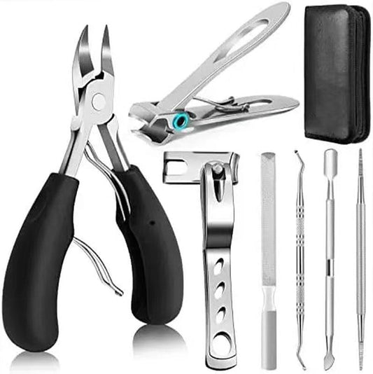 Stainless steel ingrown toenail clipper set with black handles and leather storage case
